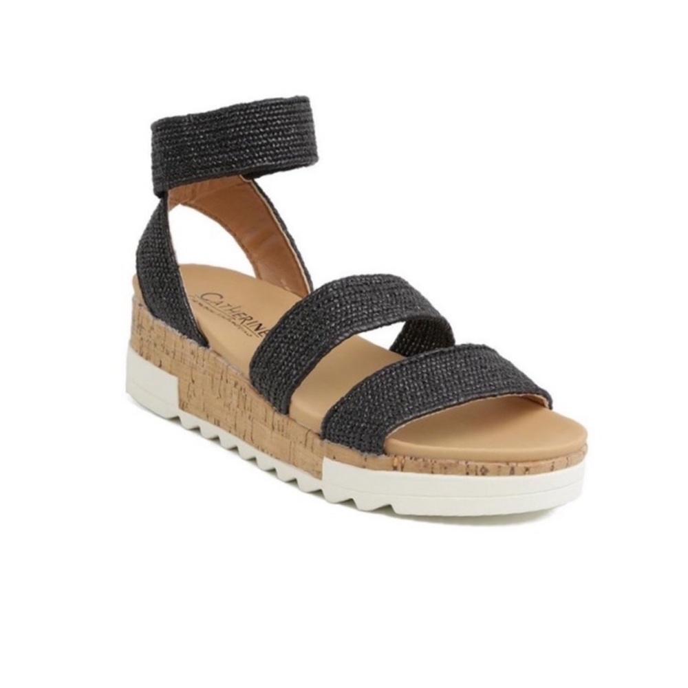 Catherine Malandrino Davina Platform Wedge Woven Black Strap Sandals size 10